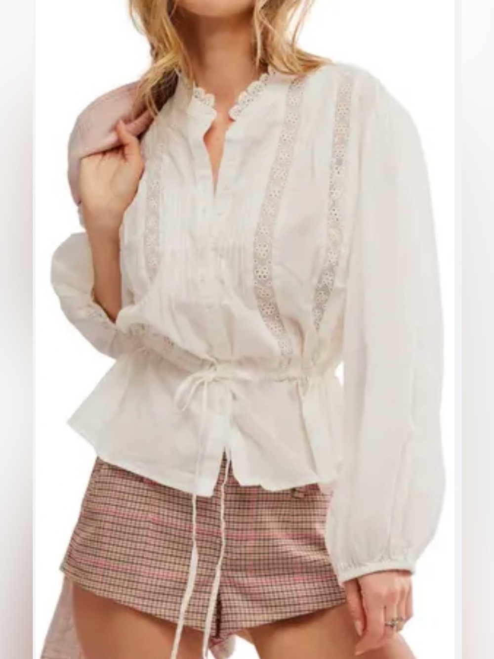 FREE PEOPLE - Best of Me Lace Tie Waist Long Sleeve Shirt Size L